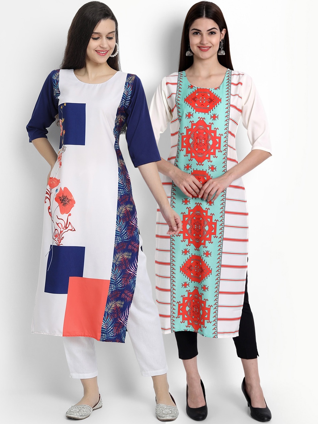 

Ethnic basket Women Pack Of 2 White & Red Ethnic Motifs Printed Crepe Kurta