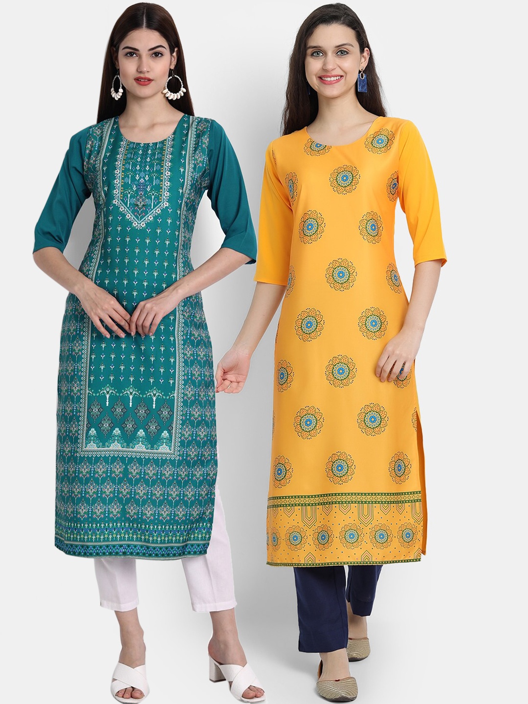 

Ethnic basket Women Pack Of 2 Yellow & Teal Blue Ethnic Motifs Printed Crepe Kurta