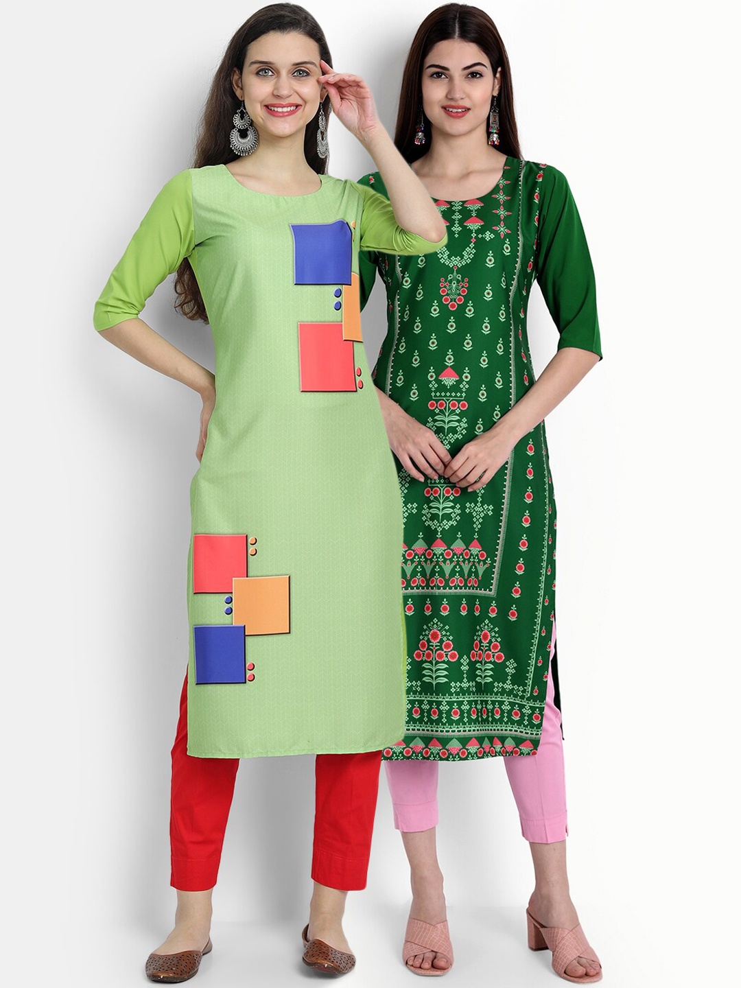 

Ethnic basket Women Pack of 2 Printed Crepe Kurtas, Green
