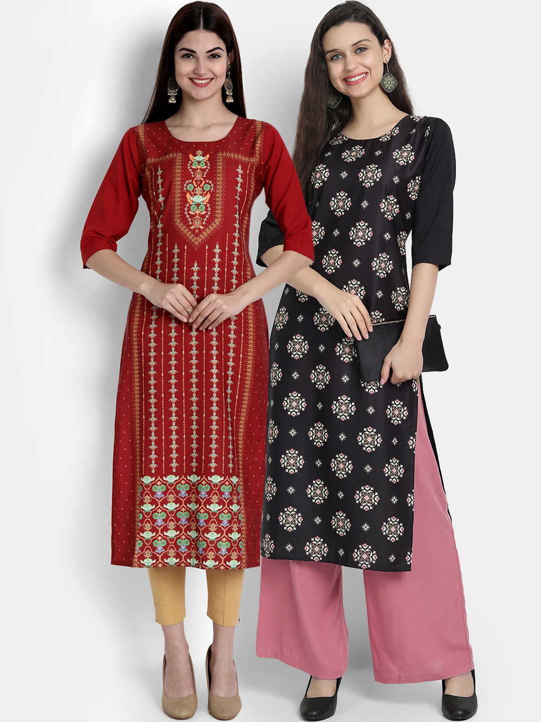 

Ethnic basket Women Pack Of 2 Red & Black Floral Printed Floral Crepe Kurta