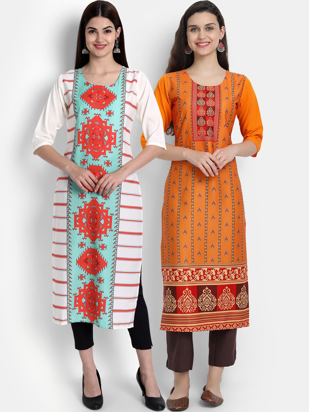 

Ethnic basket Women Pack Of 2 White & Mustard Yellow Ethnic Motifs Printed Crepe Kurta