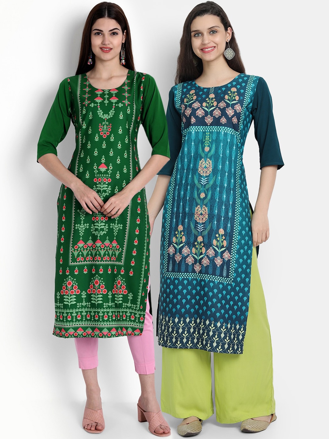 

Ethnic basket Women Pack of 2 Printed Crepe Kurtas, Green