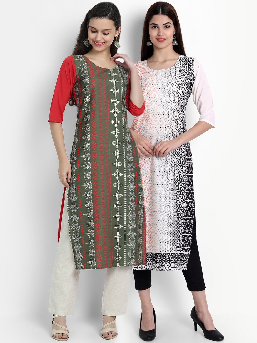 

Ethnic basket Women Pack Of 2 Green & White Ethnic Motifs Printed Crepe Kurta