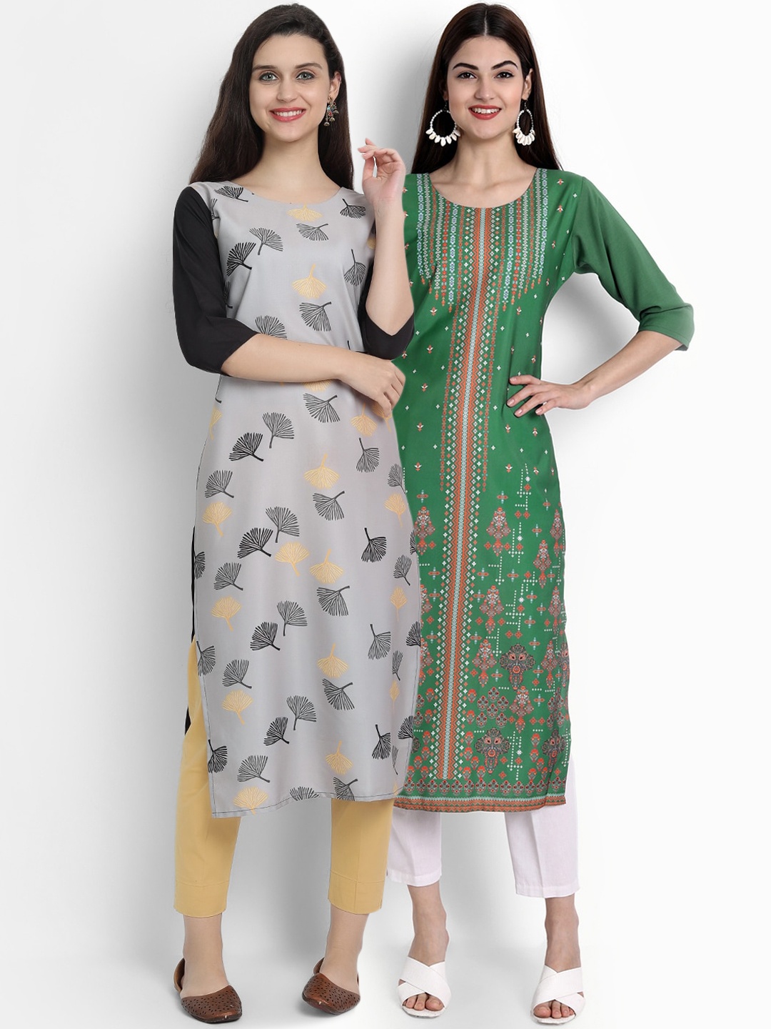 

Ethnic basket Women Pack Of 2 Green & Grey Floral Printed Floral Crepe Kurta