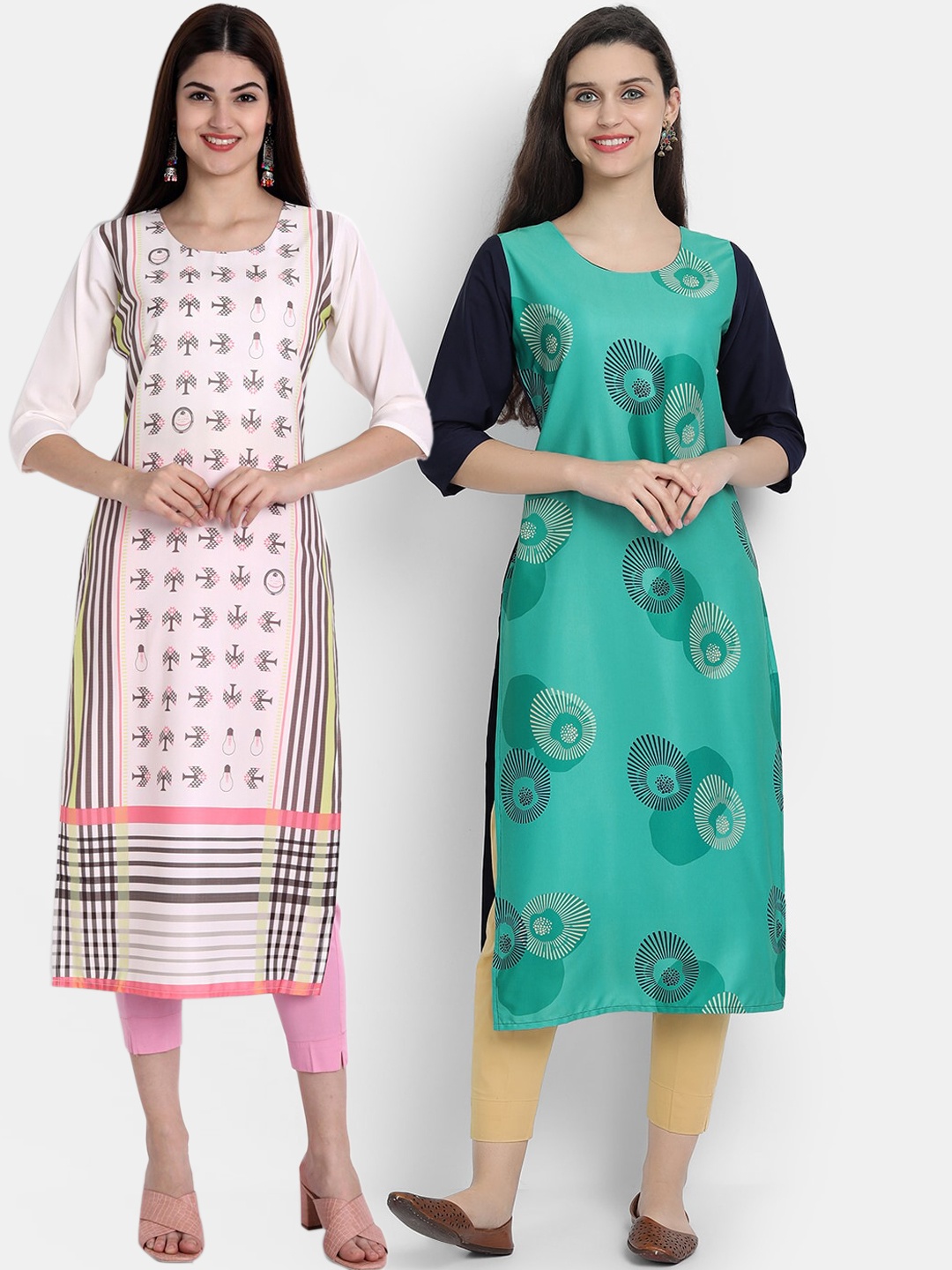 

Ethnic basket Women Pack Of 2 Blue & Off White Ethnic Motifs Printed Crepe Kurta