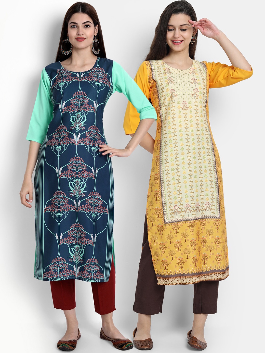 

Ethnic basket Women Pack Of 2 Blue & Yellow Ethnic Motifs Printed Crepe Kurta