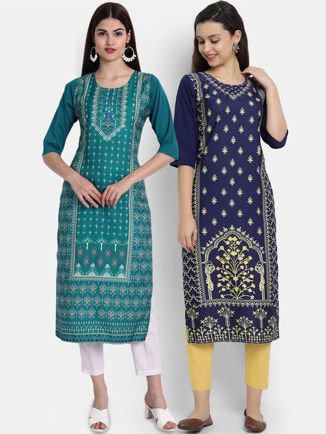 

Ethnic basket Women Pack Of 2 Teal Blue & Navy Blue Digital Printed Georgette Kurta