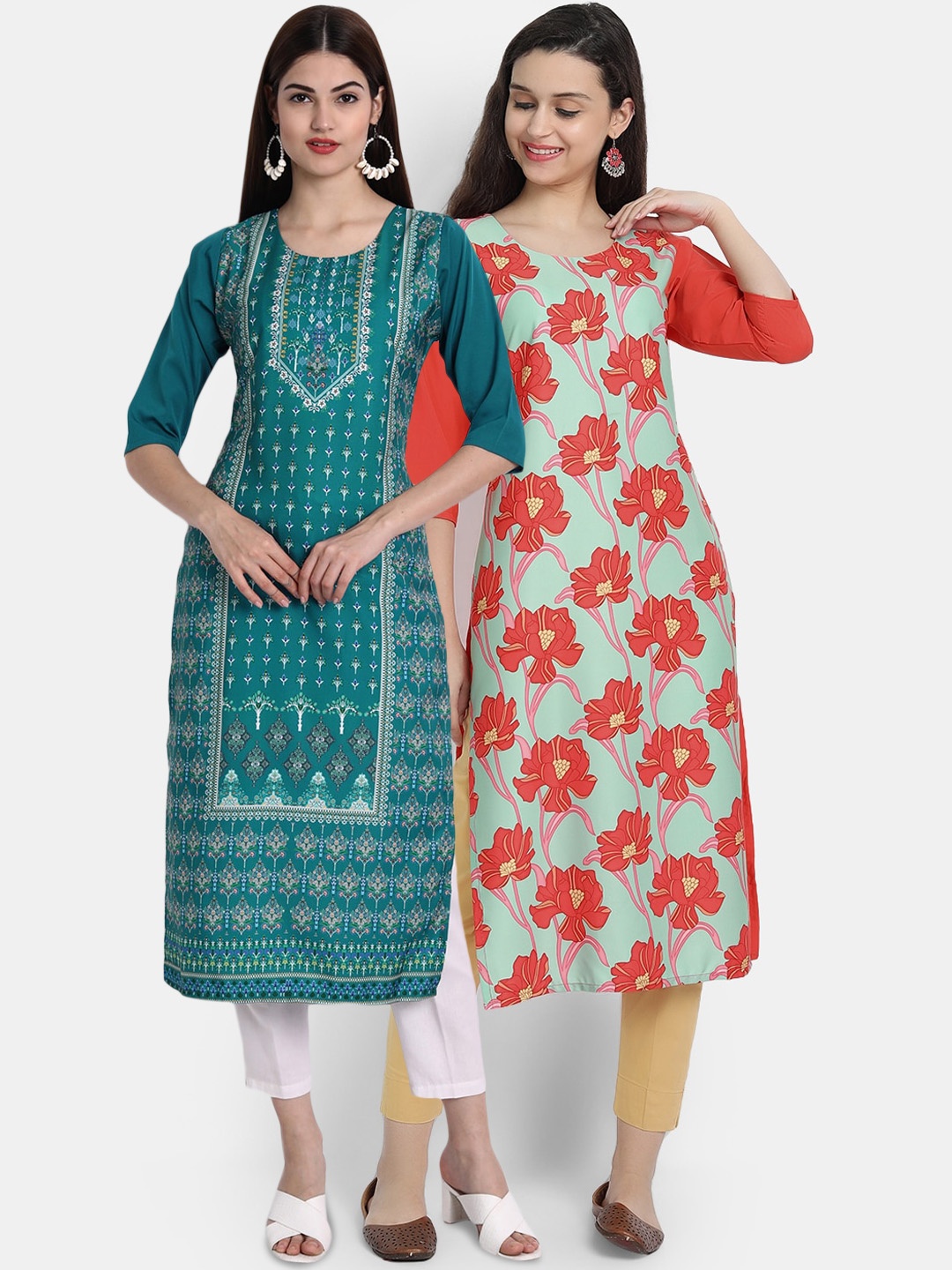 

Ethnic basket Women Pack Of 2 Teal Blue & Red Floral Printed Floral Crepe Kurta