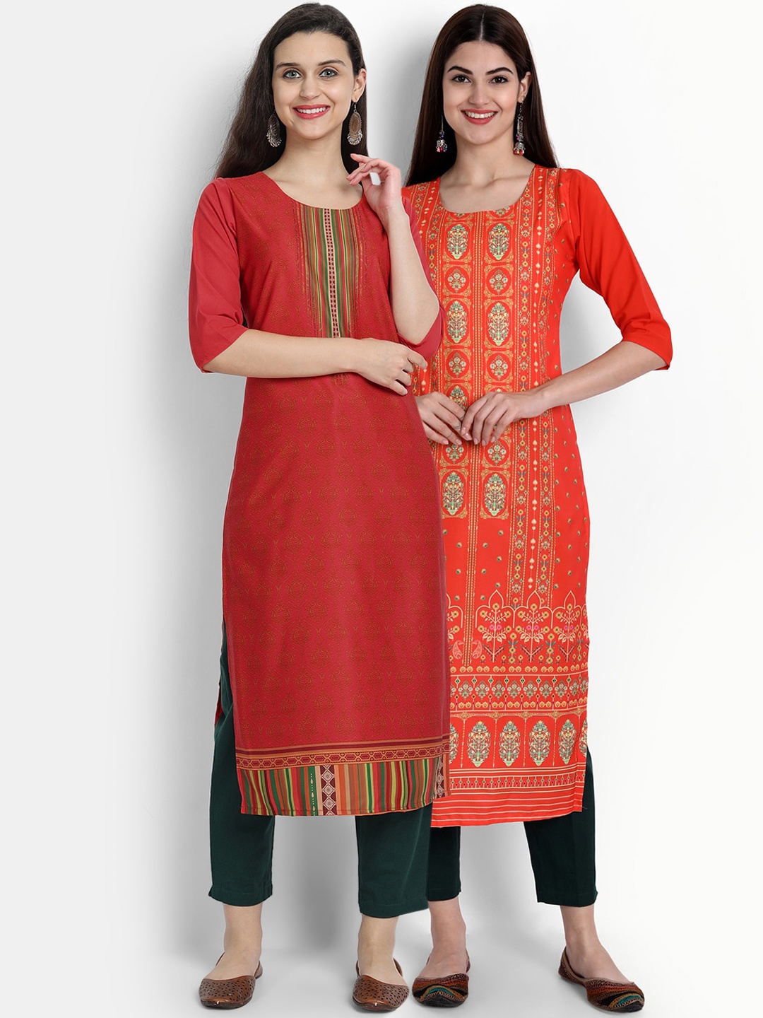 

Ethnic basket Pack of 2 Women Red & Orange Ethnic Motifs Printed Crepe Kurta