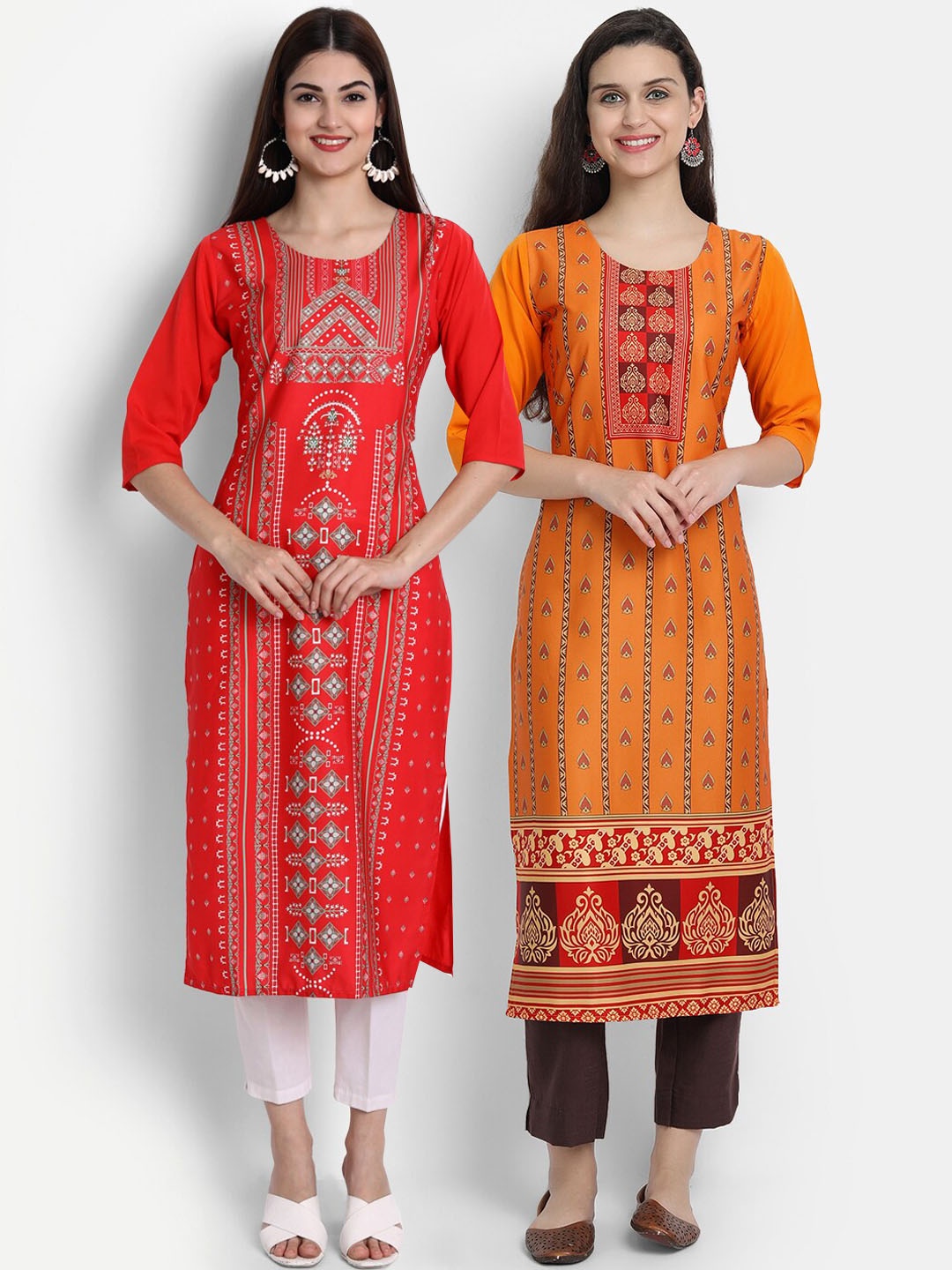 

Ethnic basket Women Pack Of 2 Red & Yellow Ethnic Motifs Printed Floral Crepe Kurta