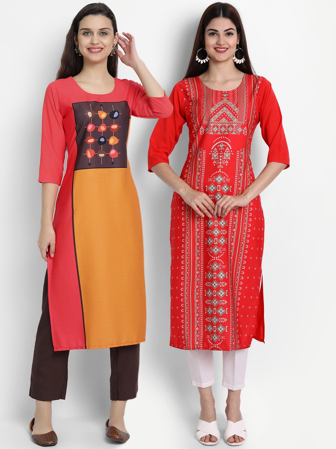

Ethnic basket Women Pack of 2 Red & Mustard Yellow Ethnic Motifs Printed Crepe Kurta