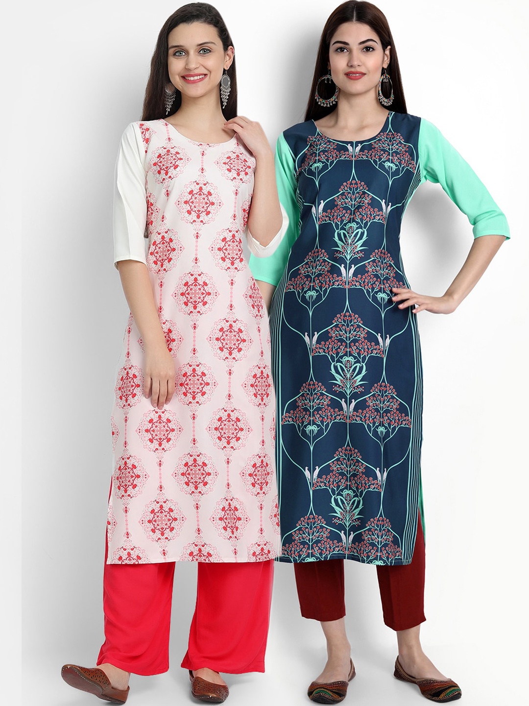 

Ethnic basket Women Pack Of 2 White & Blue Ethnic Motifs Printed Floral Crepe Kurta