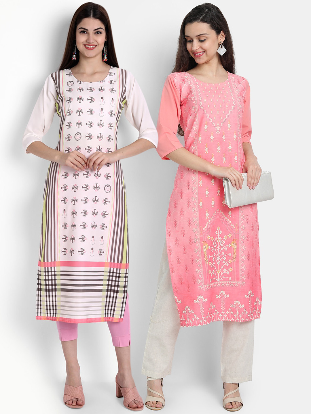 

Ethnic basket Women Pack of 2 Pink & White Ethnic Motifs Printed Crepe Kurta