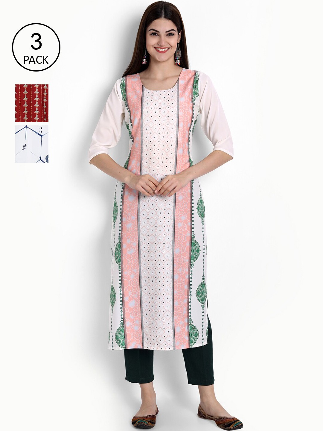 

Ethnic basket Set Of 3 Women Multicoloured Ethnic Motifs Printed Thread Work Crepe Kurta, Multi