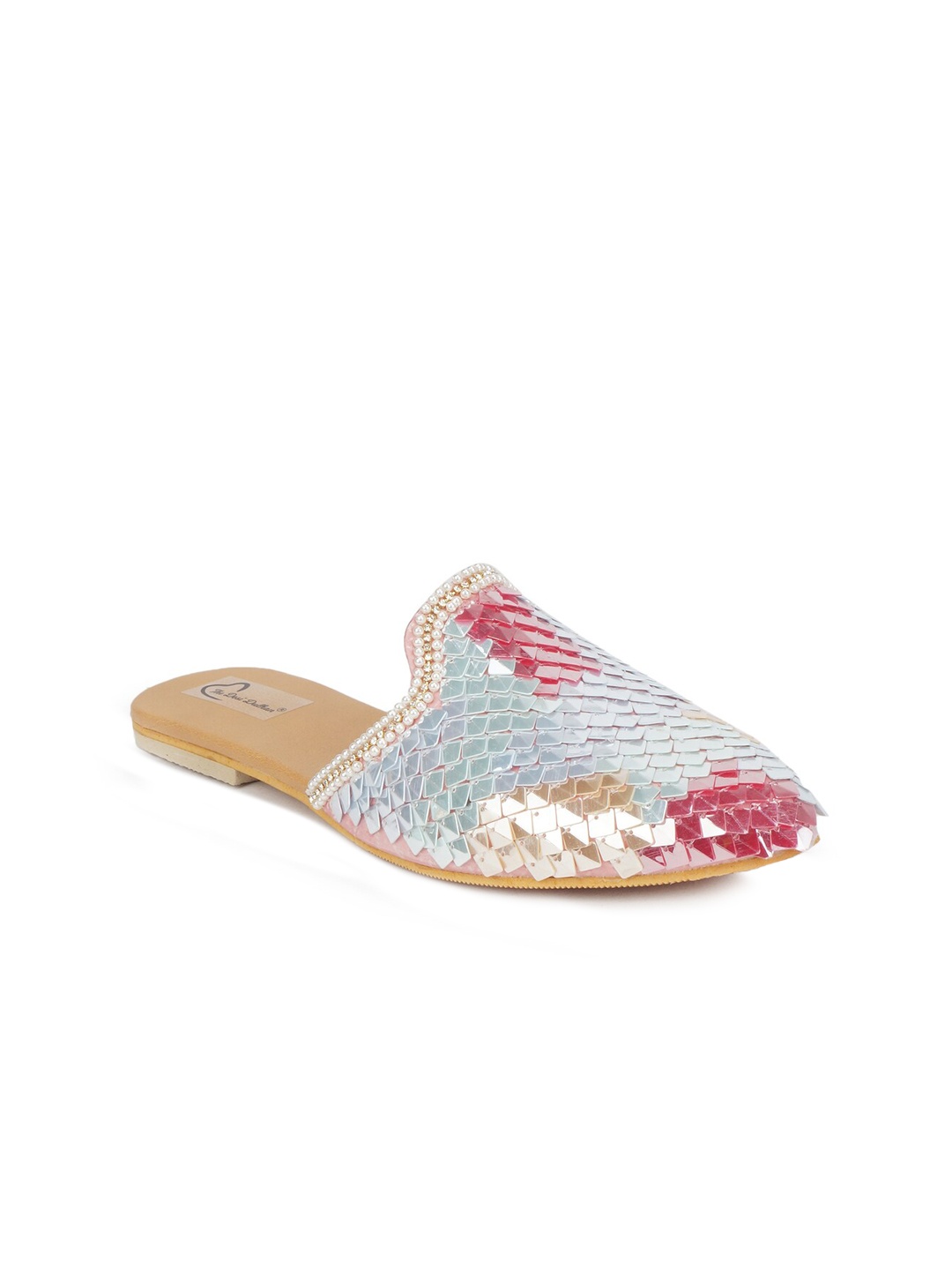 

The Desi Dulhan Women Silver-Toned & Pink Embellished Ethnic Mules Flats