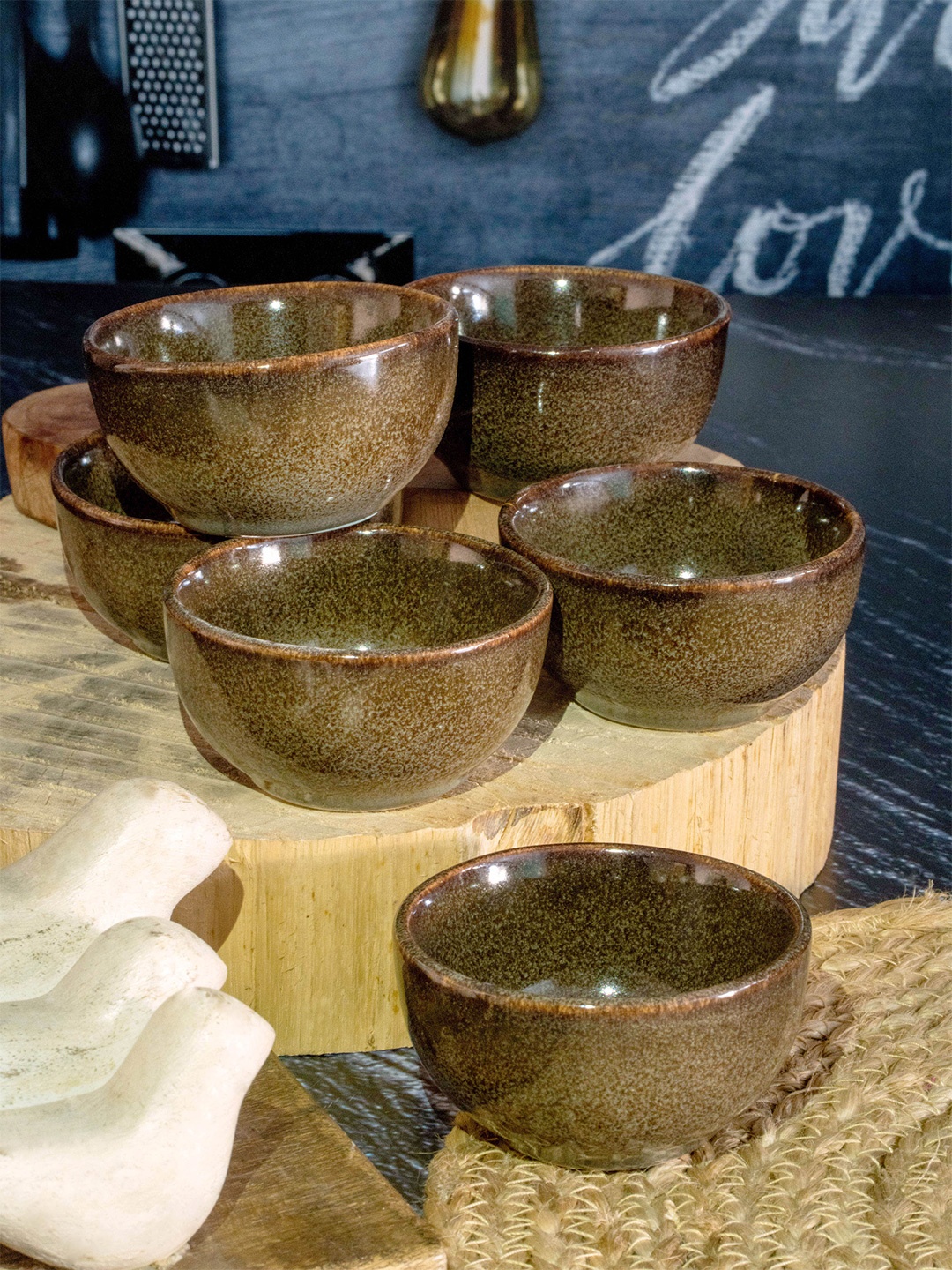 

GOODHOMES 6 Brown Pieces Printed Stoneware Glossy Bowls