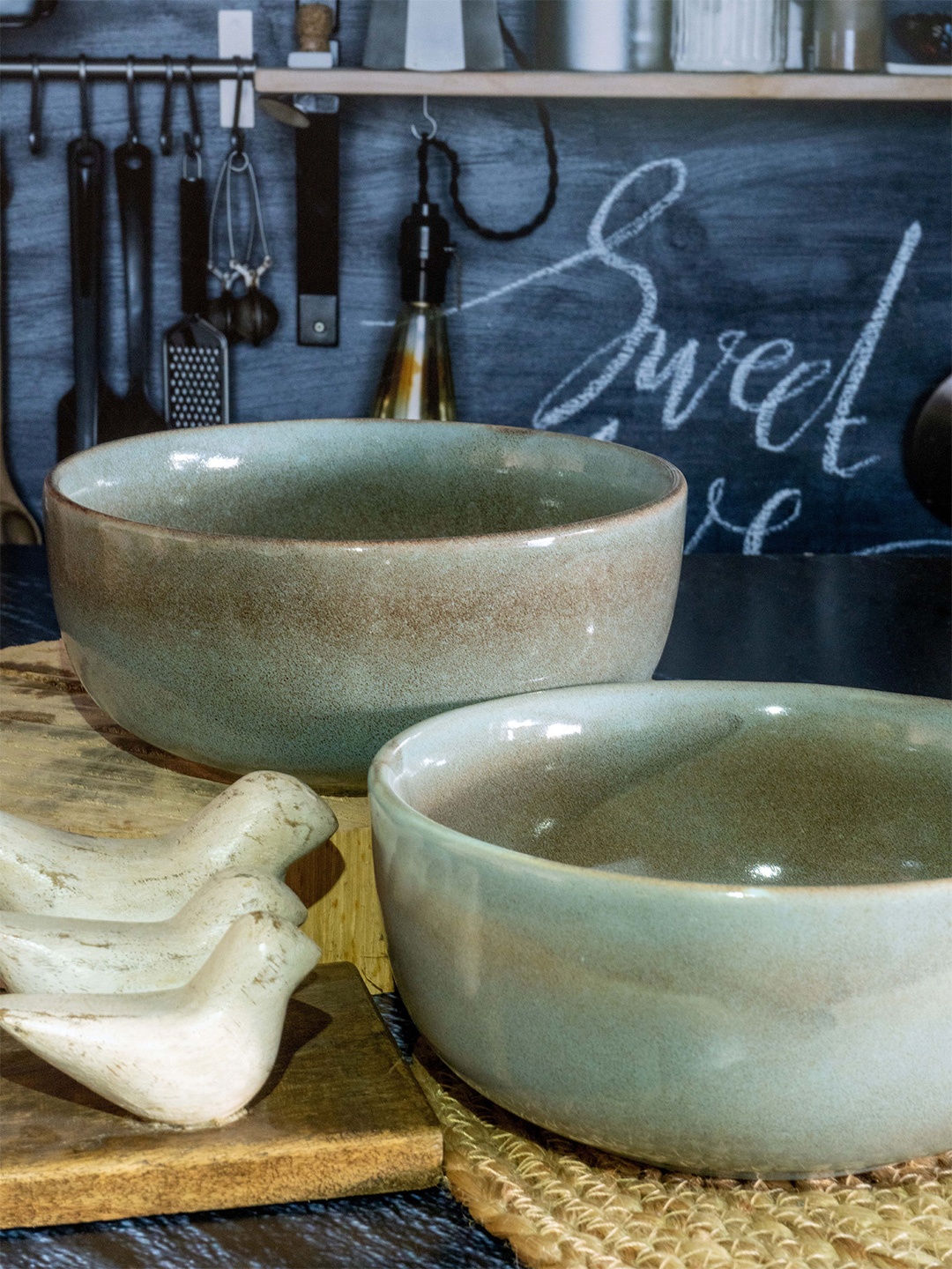 

GOODHOMES Green & 2 Pieces Stoneware Glossy Bowls