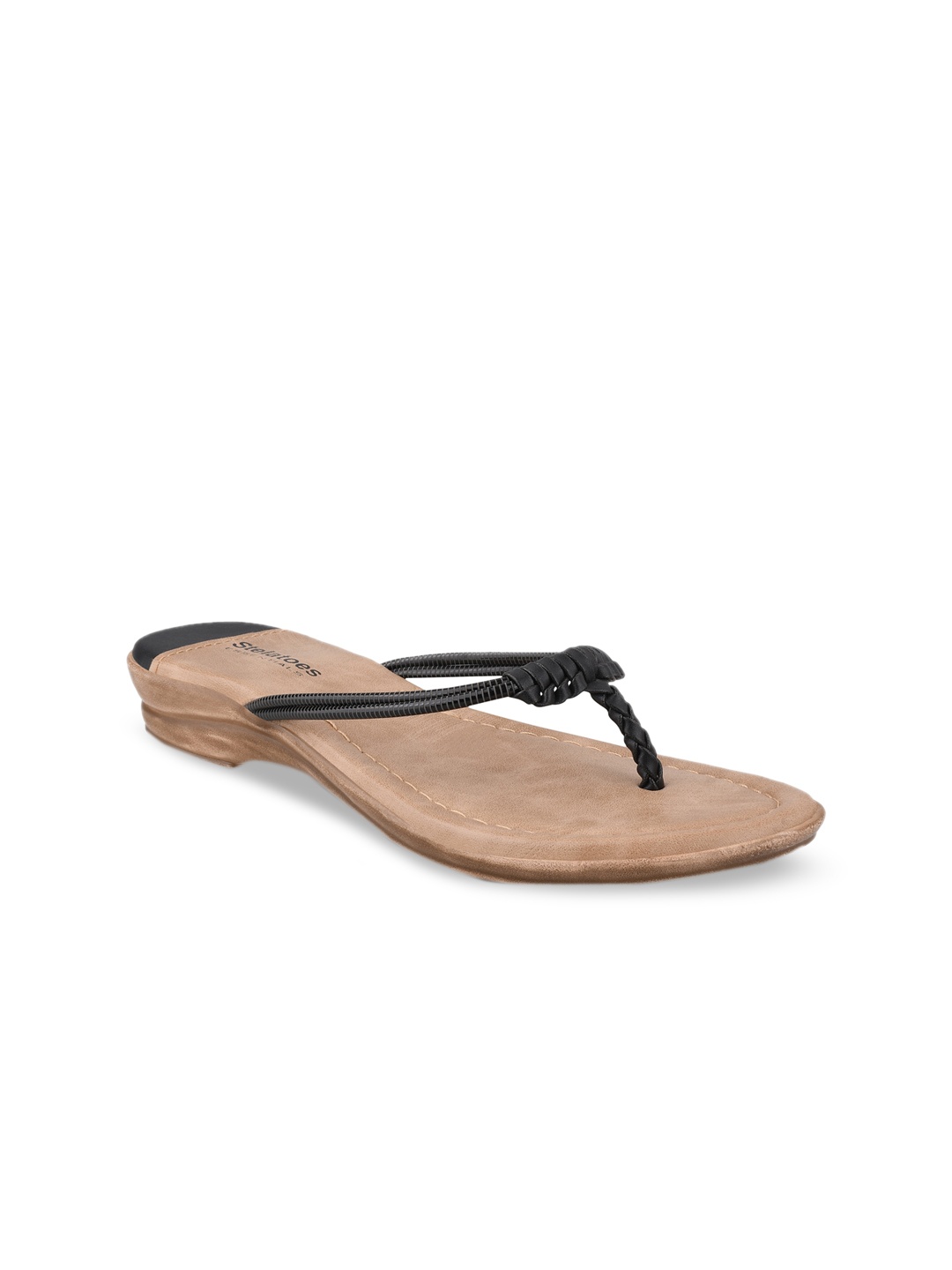 

Stelatoes Black & Beige Solid T-Strap Flats