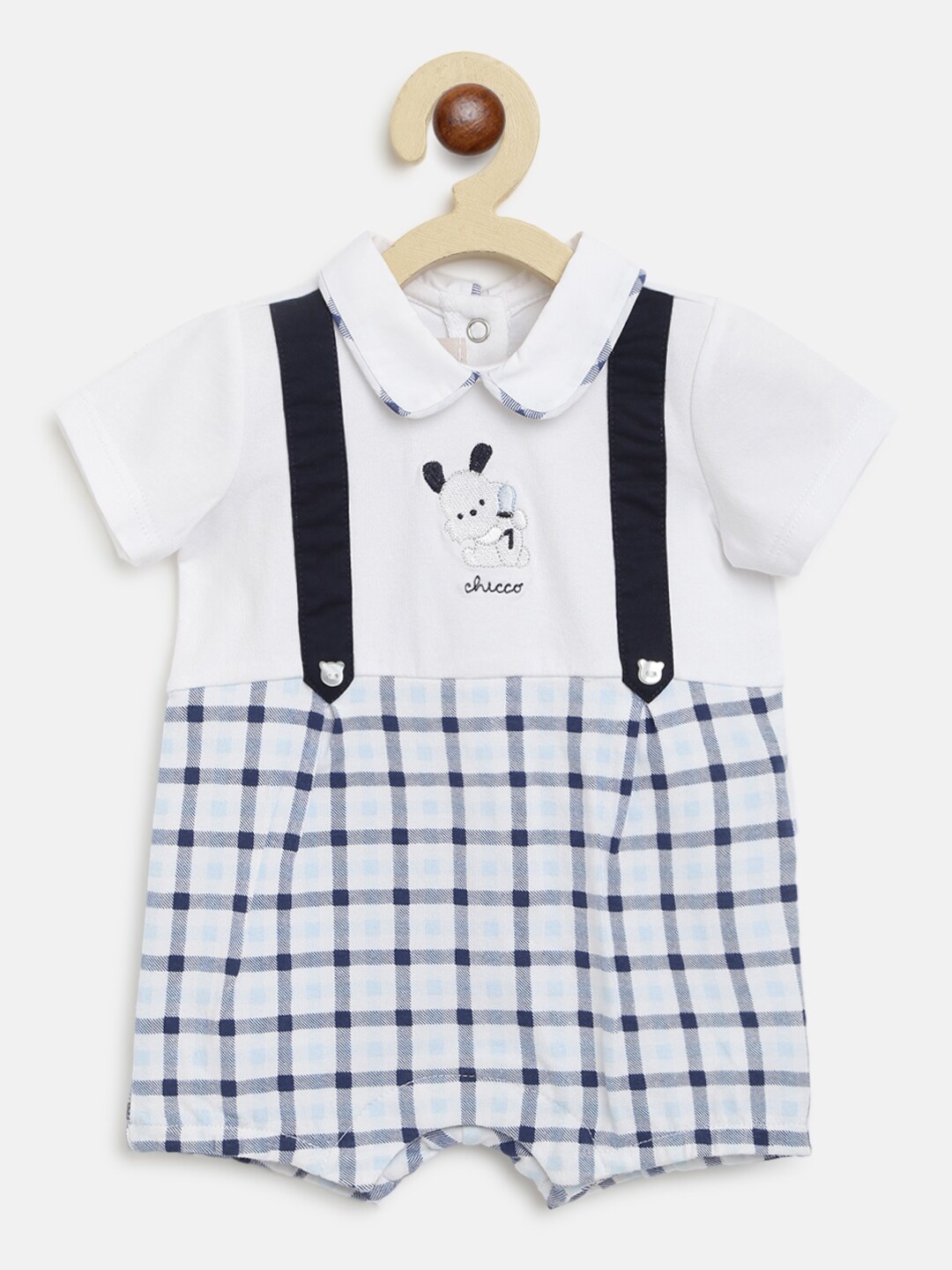 

Chicco Infants Boys White & Navy-Blue Checked Pure Cotton Romper