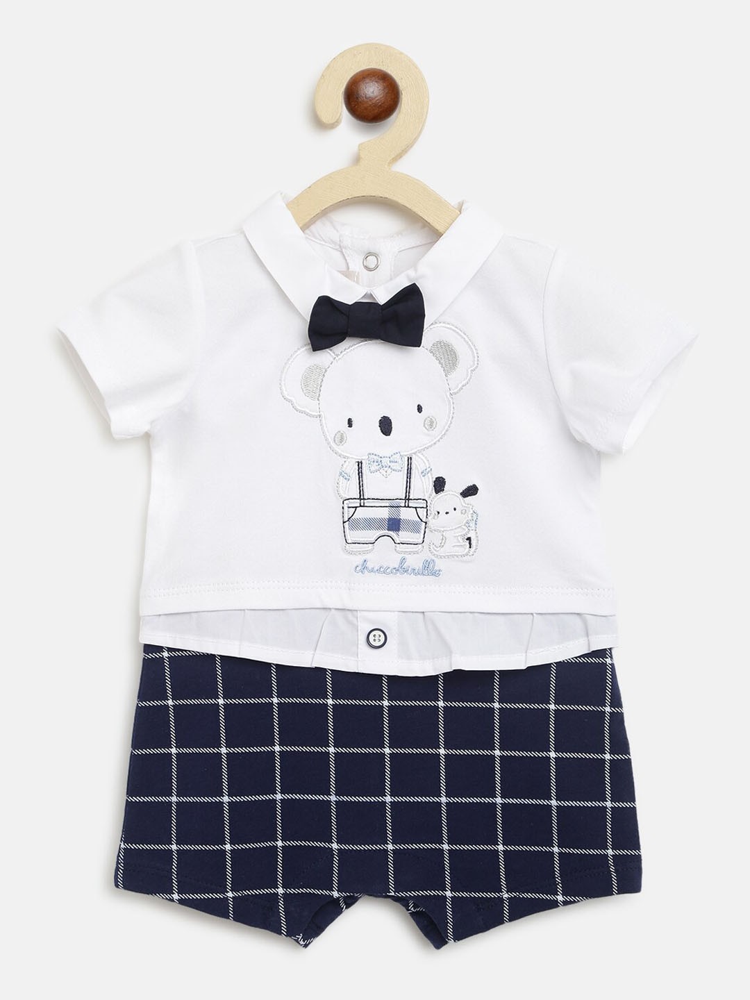 

Chicco Boys White & Navy Blue Applique Teddy Regular Fit Cotton Rompers