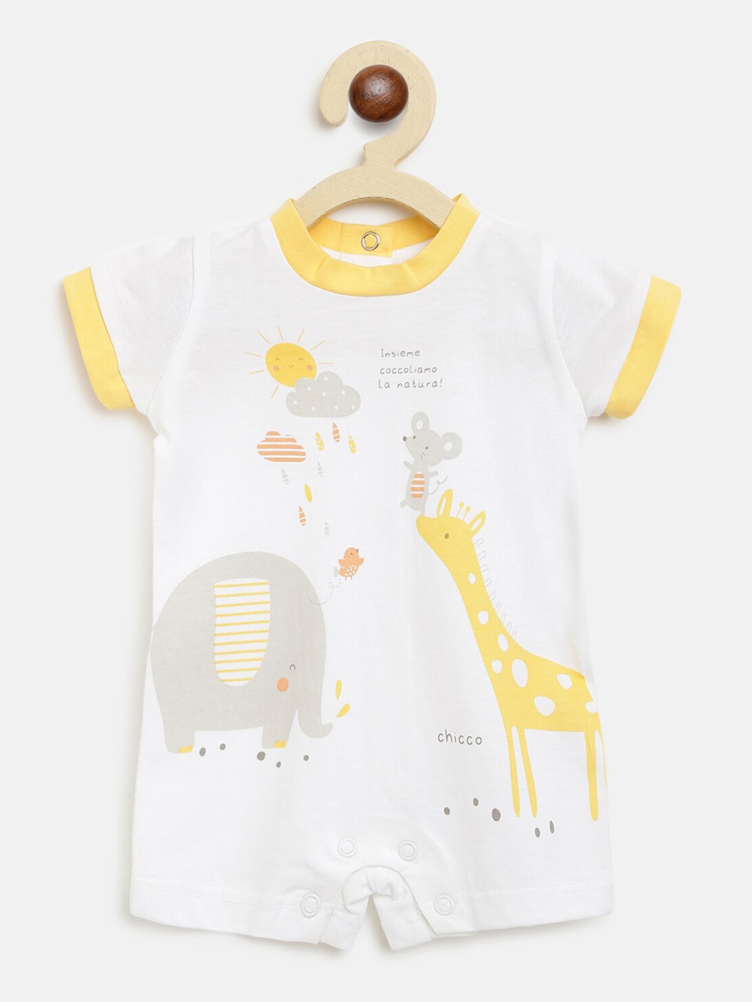 

Chicco Infant Kids White & Yellow Printed Pure Cotton Romper