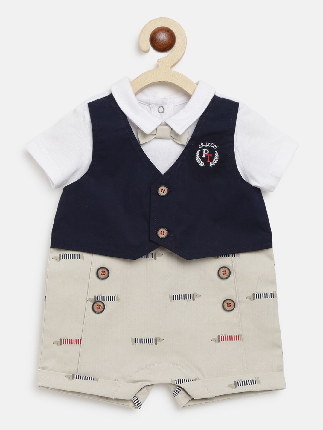 

Chicco Infant Boys White & Navy-Blue Printed Pure Cotton Romper