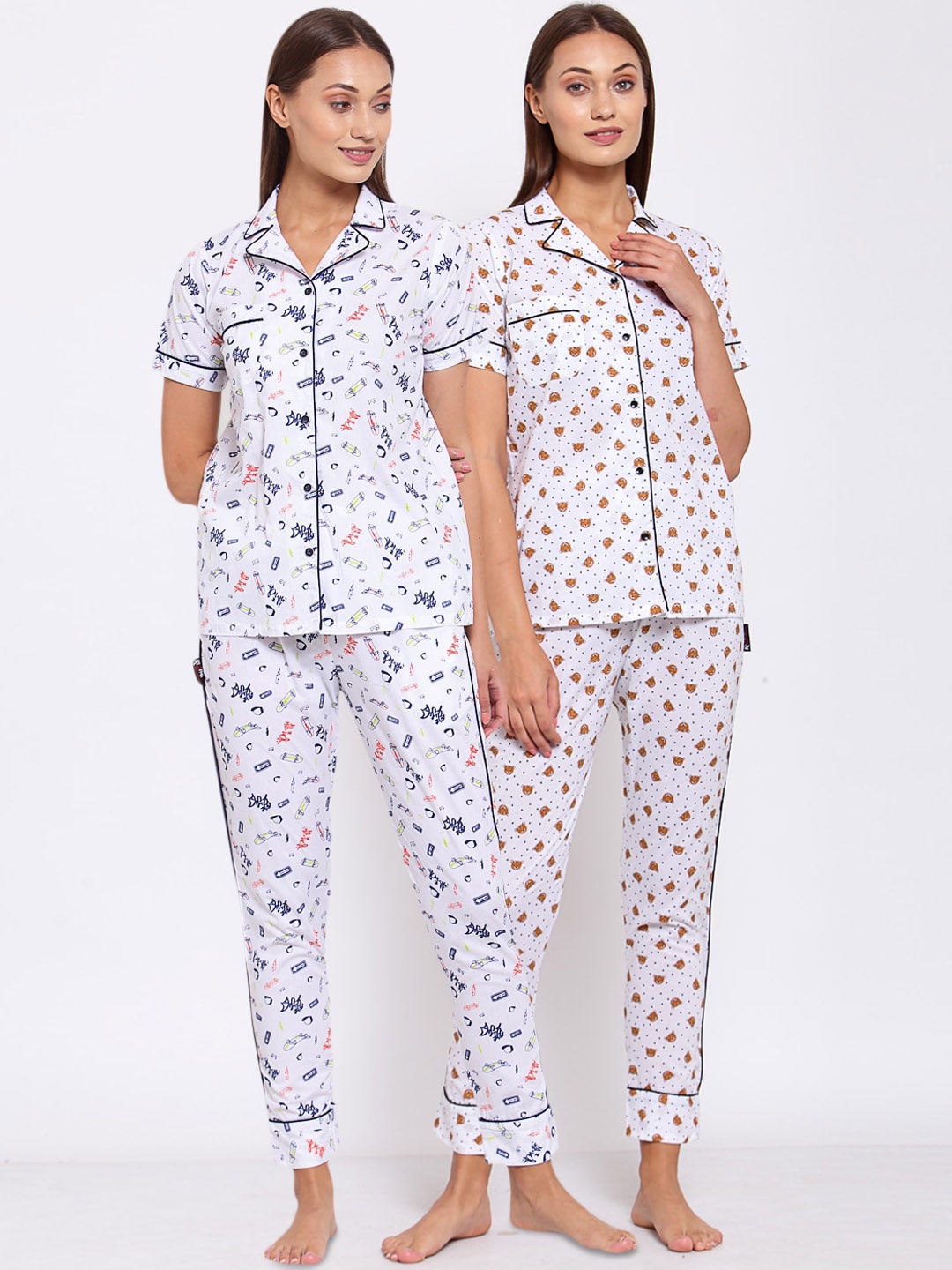 

KLOTTHE Women Set of 2 White & Blue Pure Cotton Printed Night suit