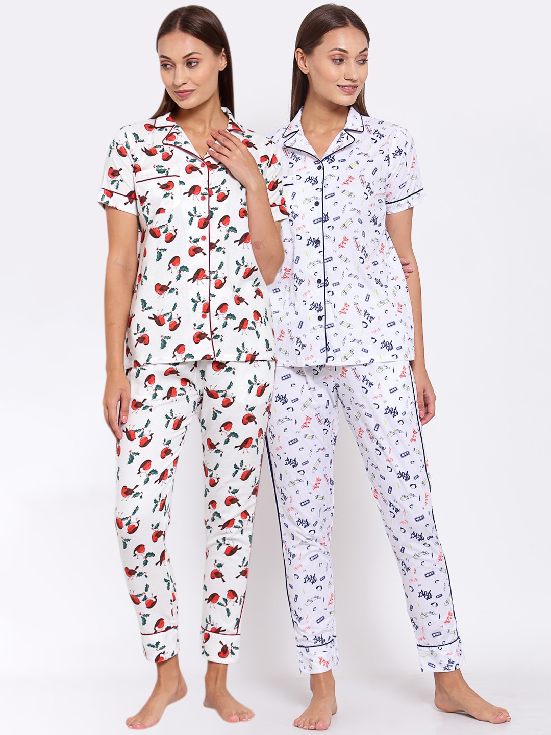 

KLOTTHE Women Set Of 2 White & Navy Blue Printed Night Suit