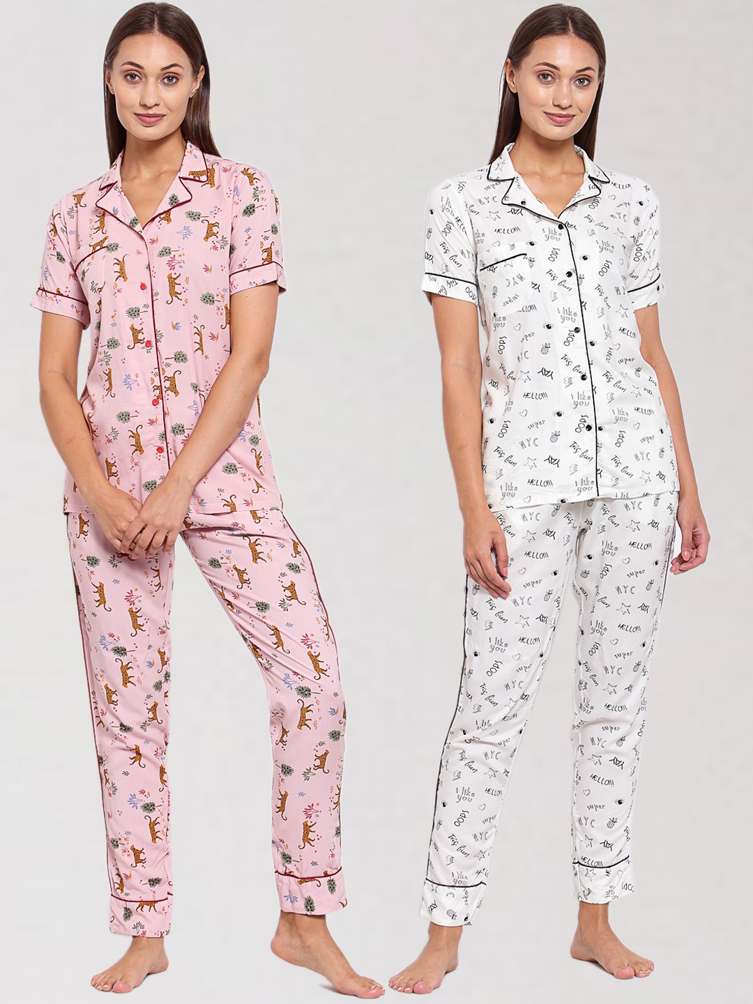 

KLOTTHE Women Pack-2 White & Pink Printed Night suit