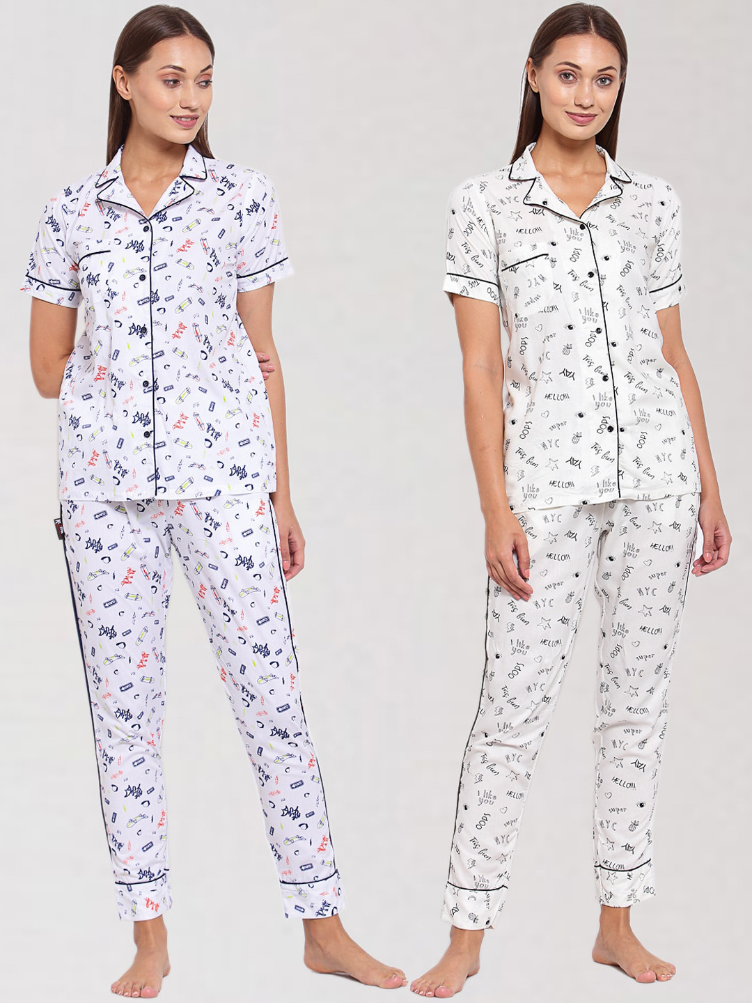 

KLOTTHE Women Pack of 2 Printed Pure Cotton Night suits, White