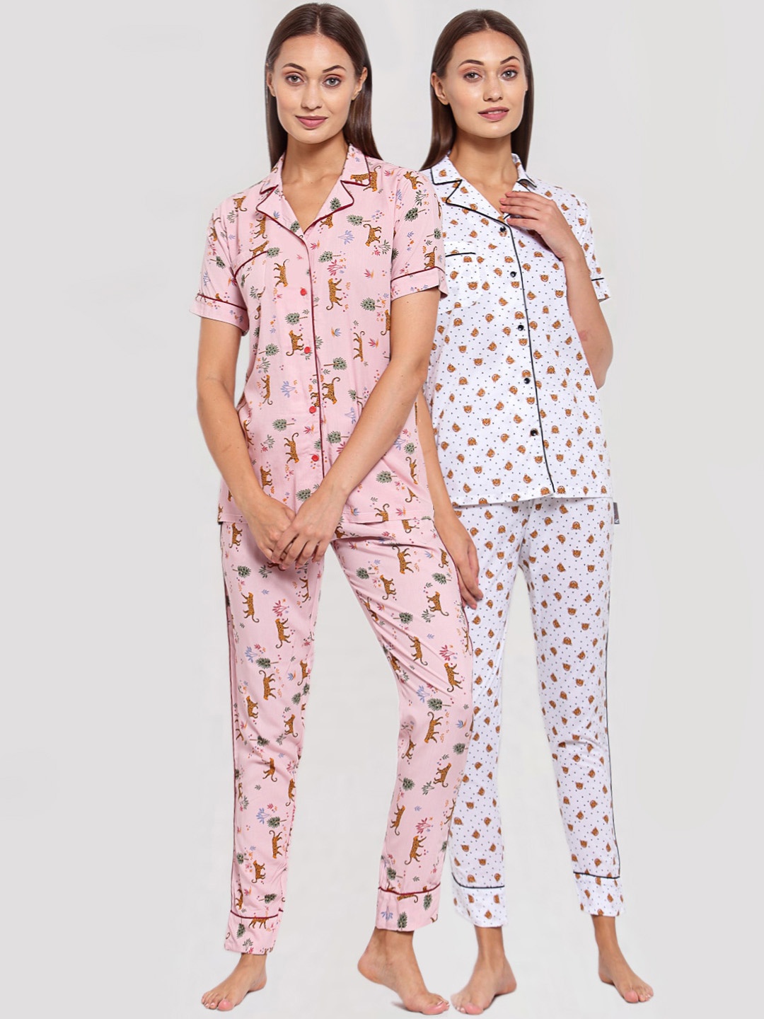 

KLOTTHE Women Pack Of 2 White & Pink Printed Pure Cotton Night suit