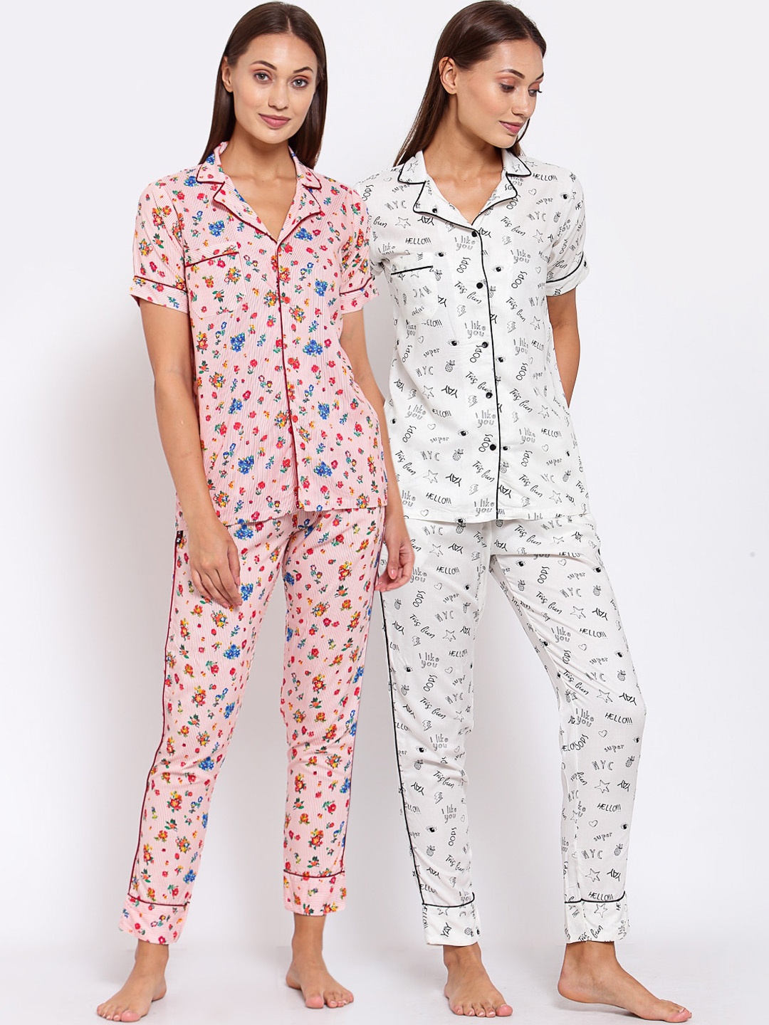

KLOTTHE Women Set of 2 White & Pink Printed Night suit