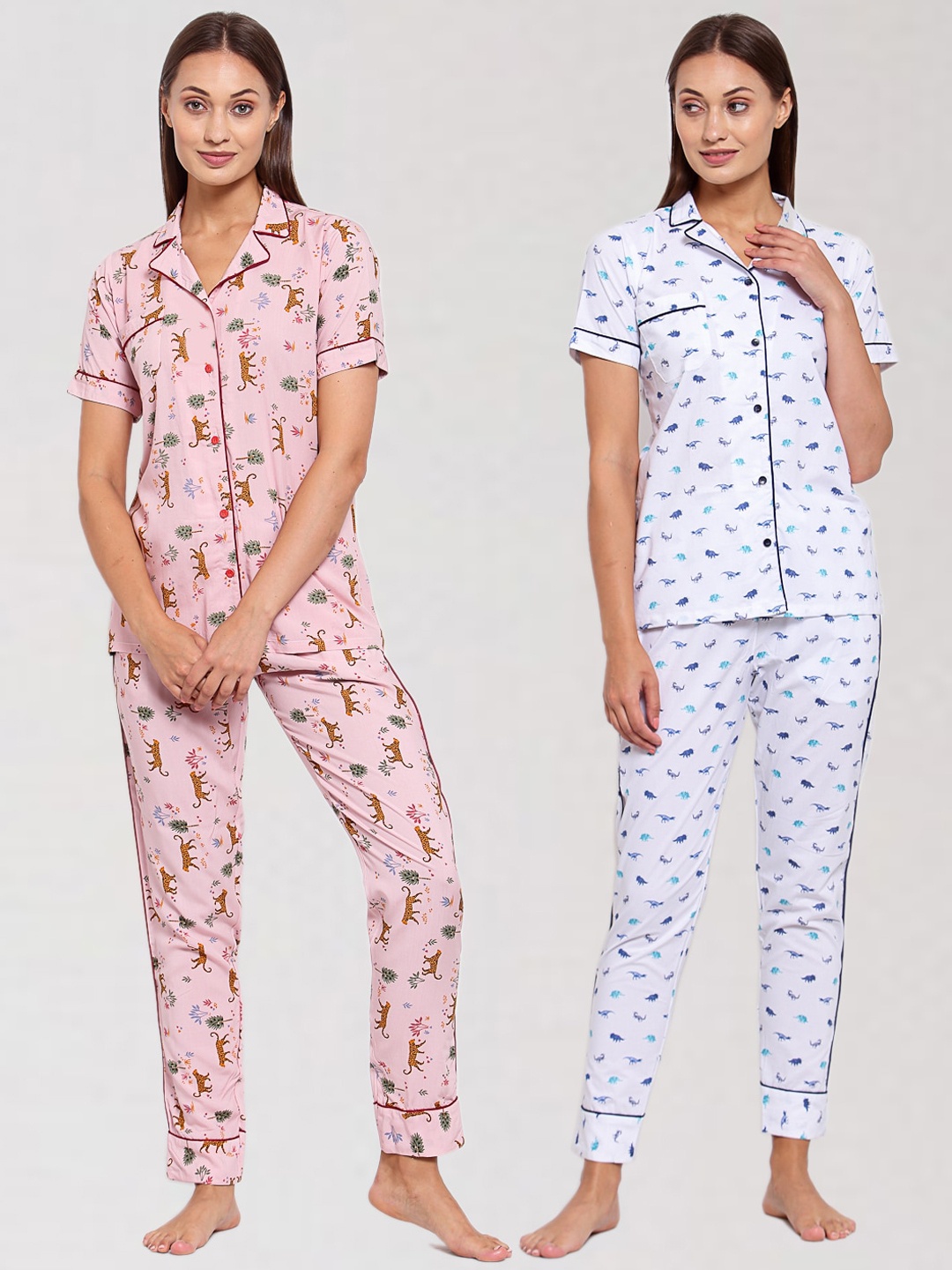 

KLOTTHE Women Pack of 2 White & Pink Printed Pure Cotton Night Suit