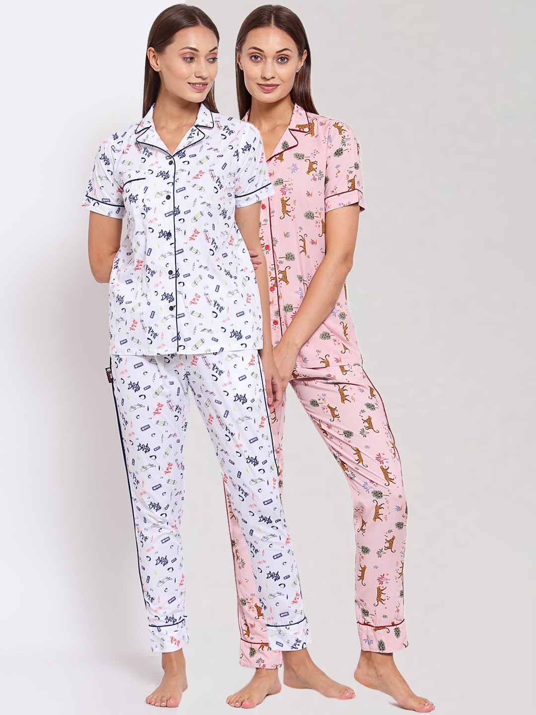 

KLOTTHE Women Set of 2 Pink & White Pure Cotton Printed Night suit