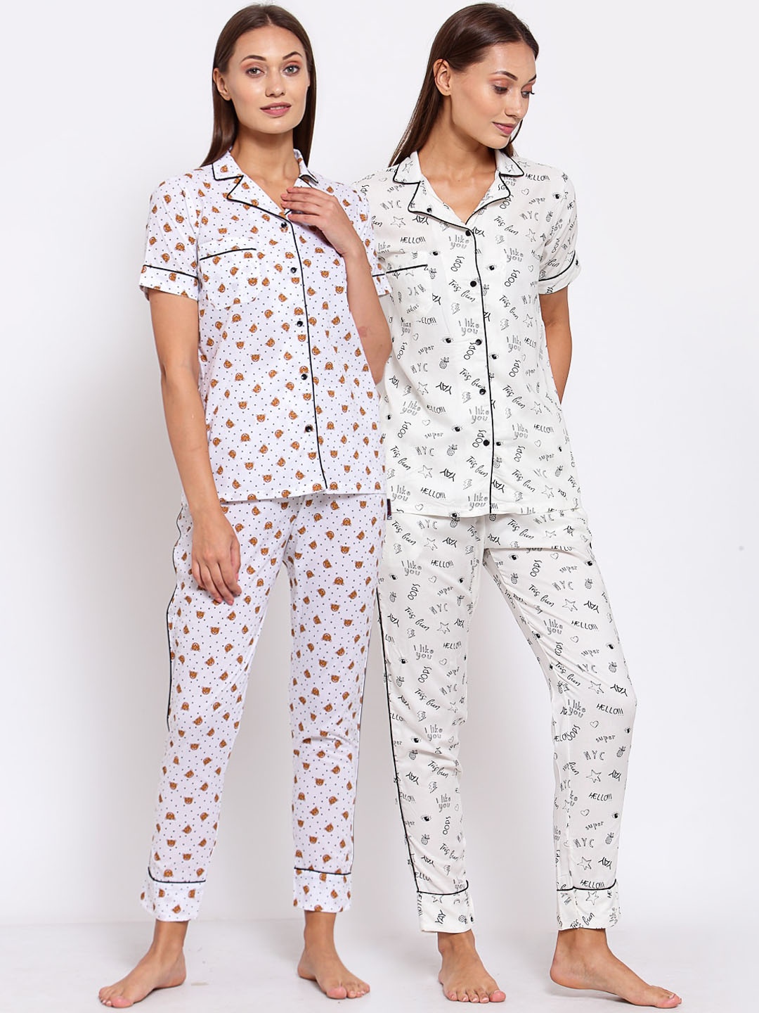 

KLOTTHE Women Set Of 2 White & Black Printed Night Suit