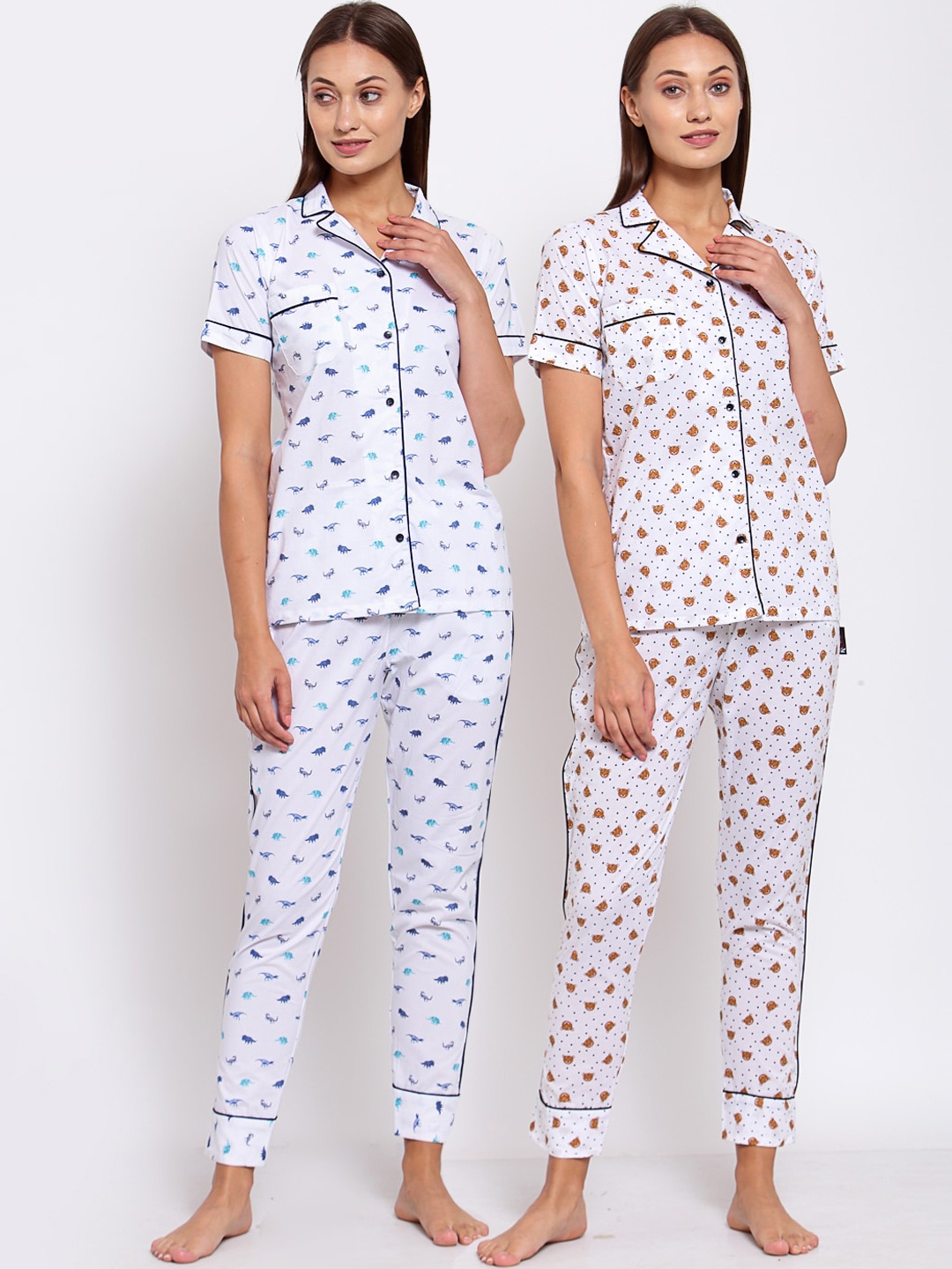 

KLOTTHE Women Pack-2 White & Blue Printed Night Suit