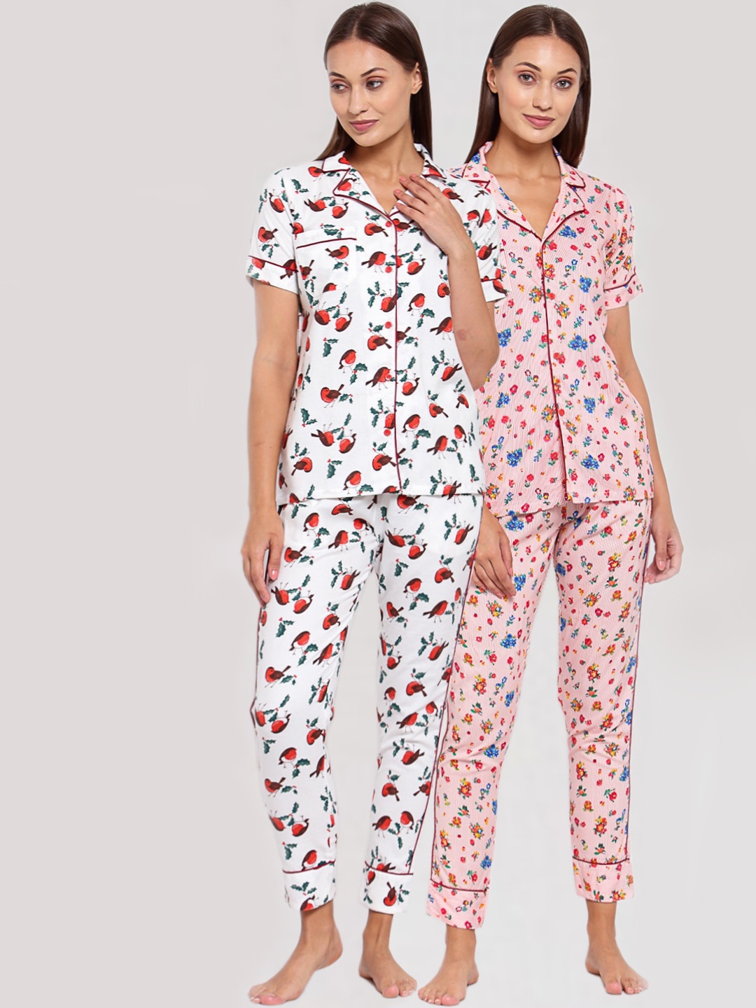 

KLOTTHE Set Of 2 Women White & Pink Printed Pure Cotton Night suit