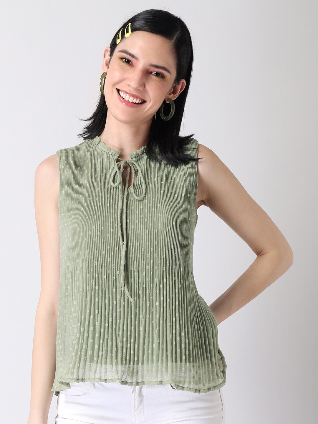 

FabAlley Sage Green Tie-Up Neck Georgette Top