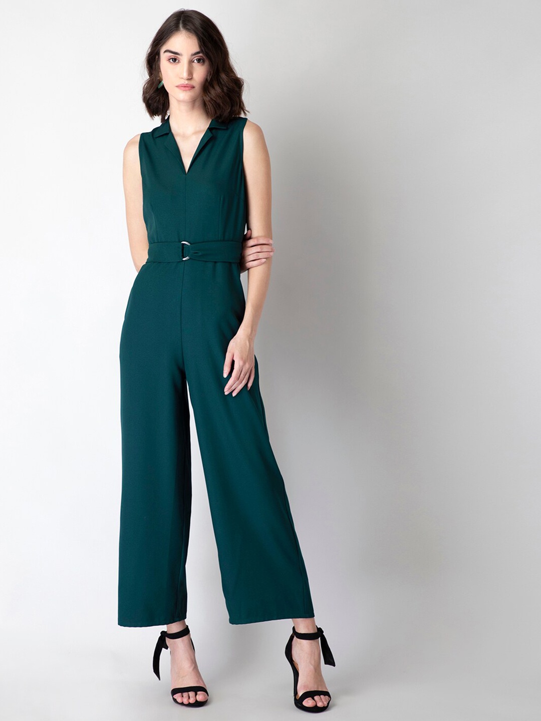 

FabAlley Women Dark Green Solid Belted Basic Jumpsuit