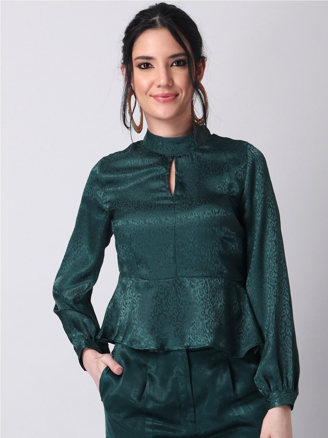 

FabAlley Green Solid Satin Back Cut Out Peplum Top
