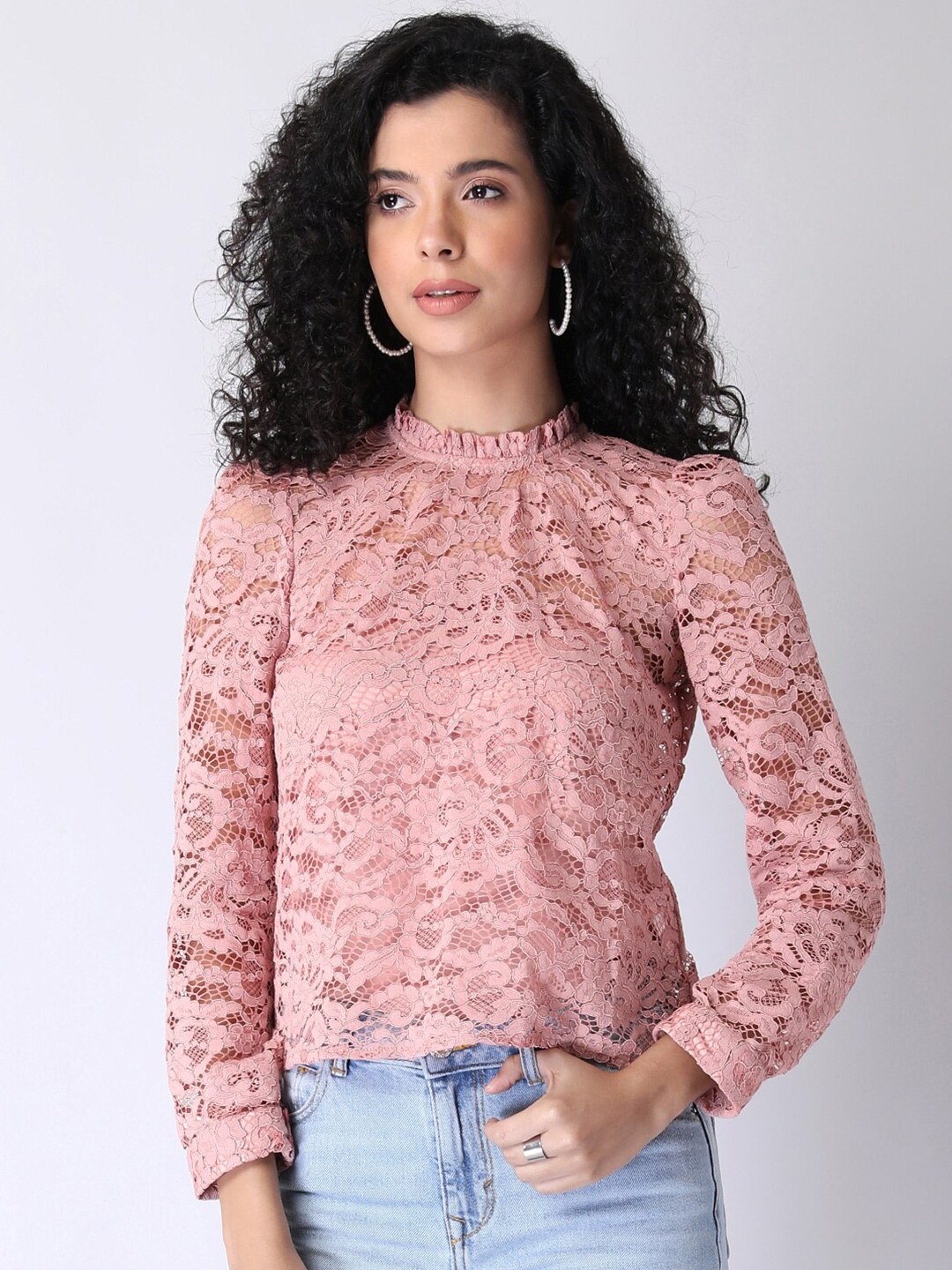 

FabAlley Pink Lace High Neck Top