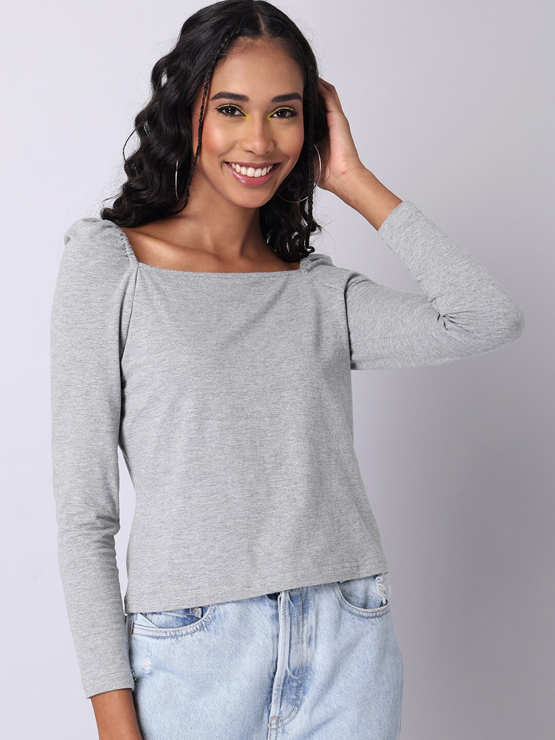 

FabAlley Grey Square Neck Puff Sleeves Top