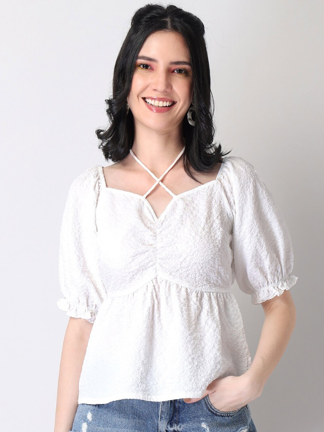 

FabAlley White Self Design Criss Cross Peplum Top