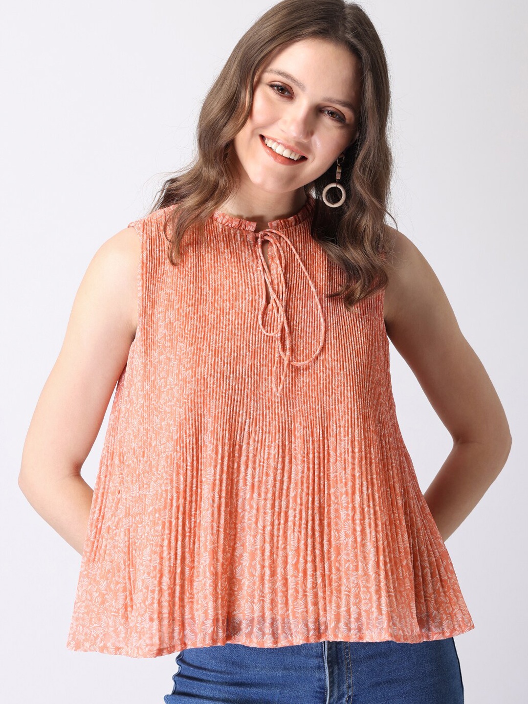 

FabAlley Orange Print Tie-Up Neck Georgette Top