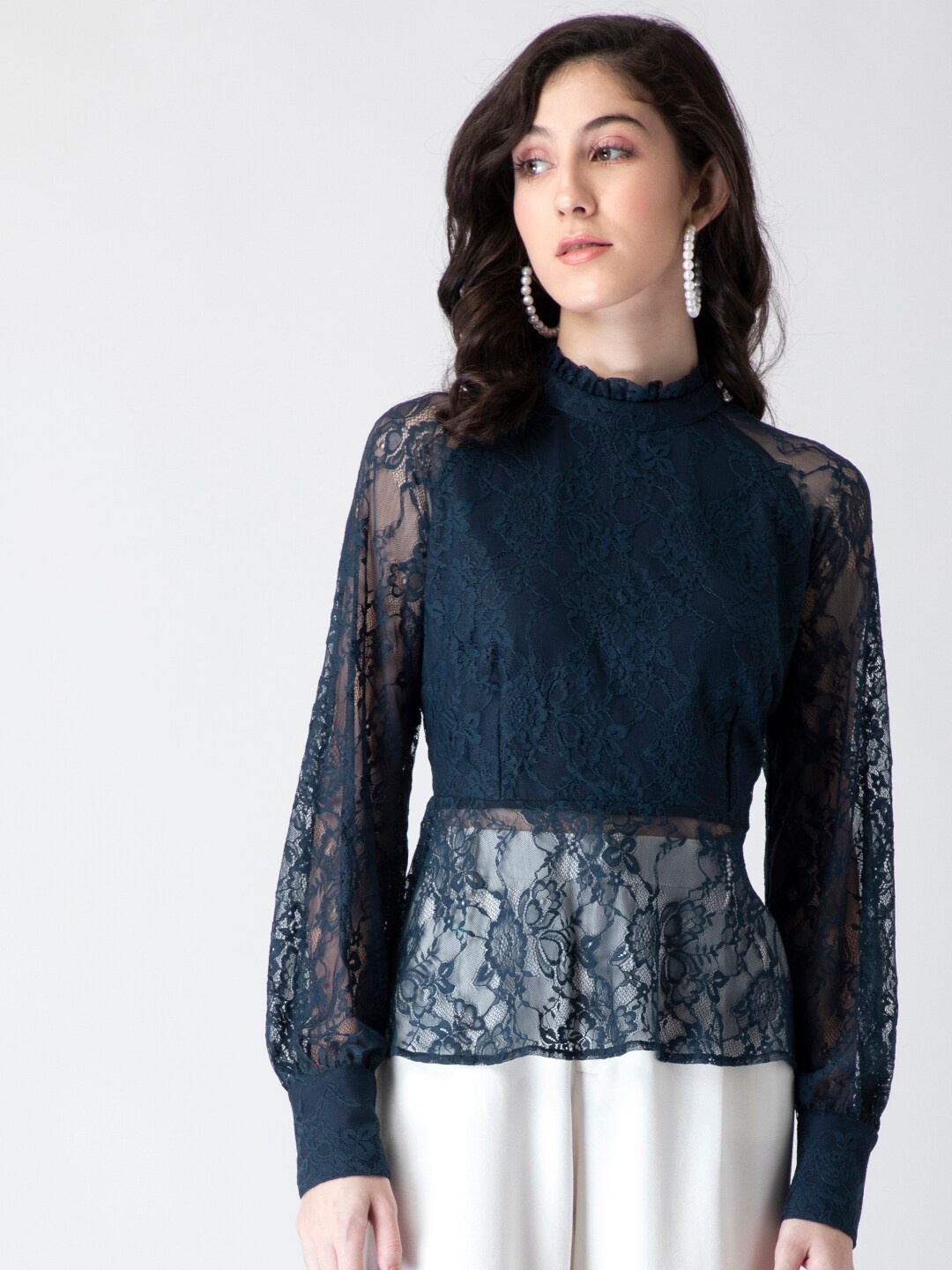 

FabAlley Blue Self Design Lace Top
