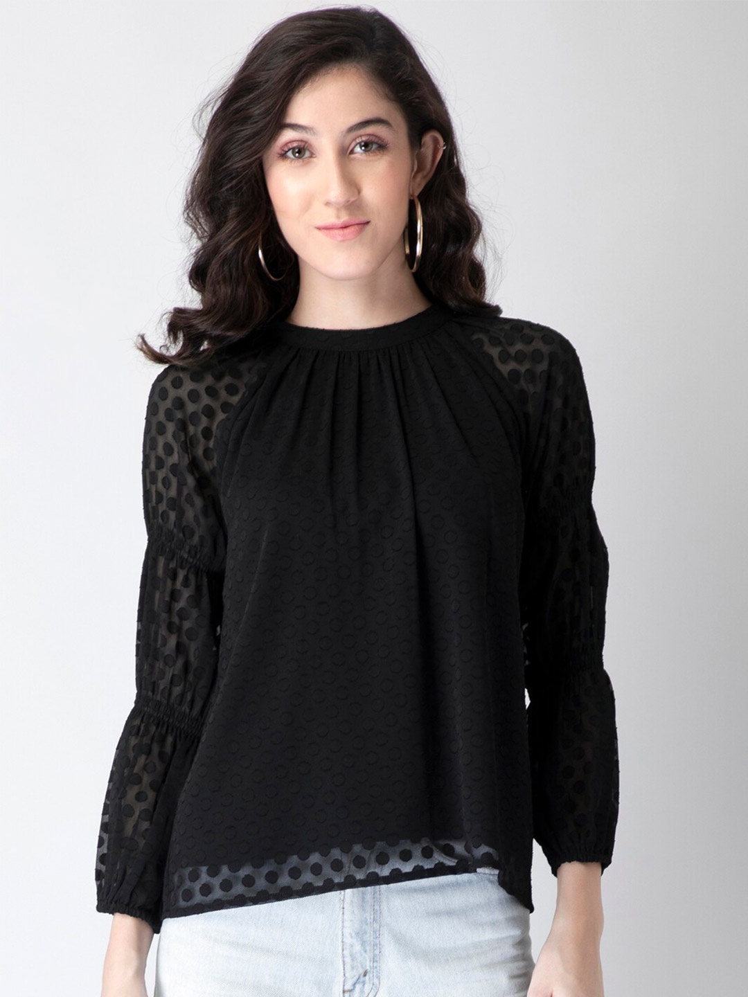 

FabAlley Black Self Design Monochrome Georgette Top
