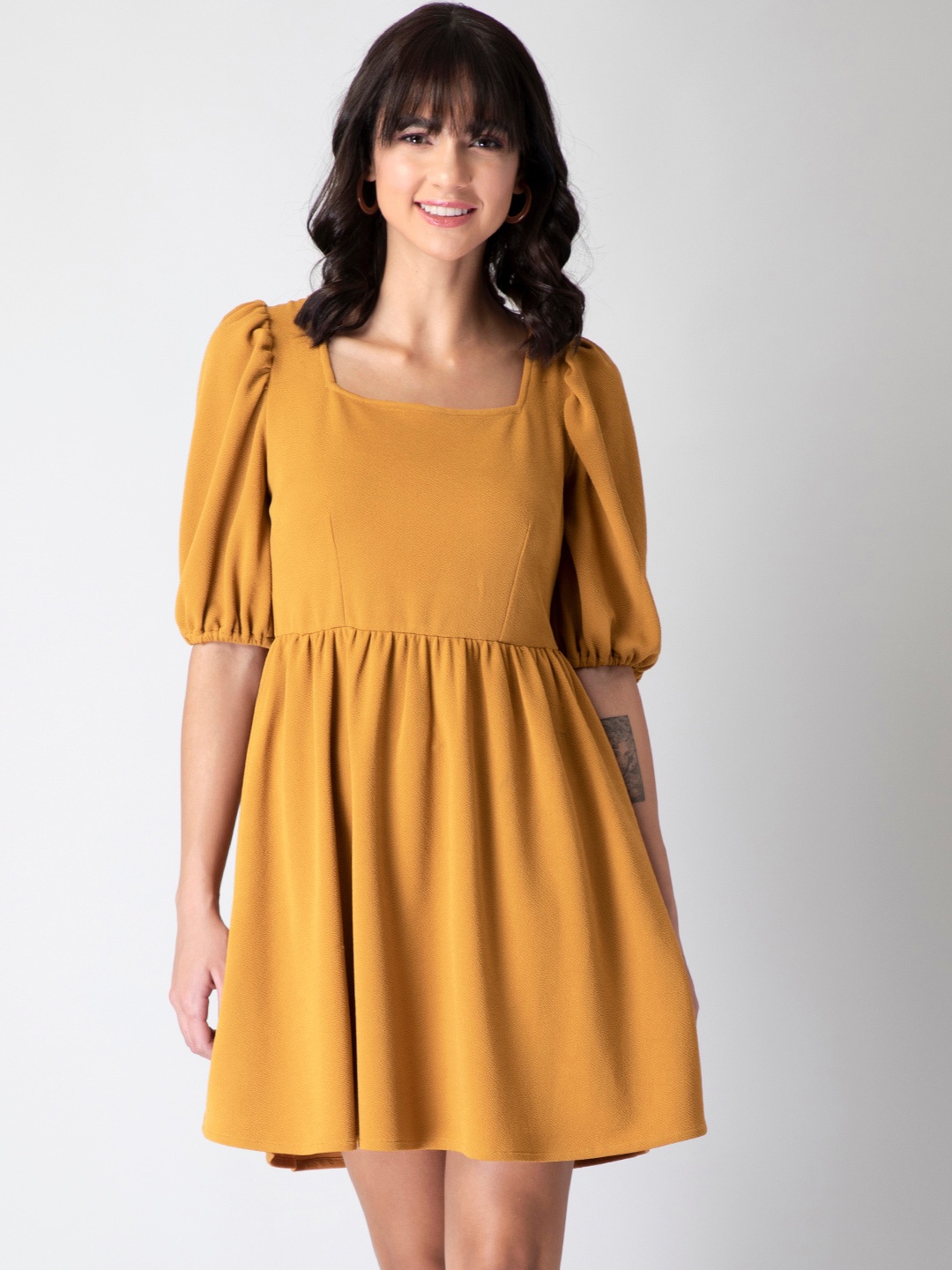 

FabAlley Mustard Yellow Solid Back Tie Fit & Flared Dress