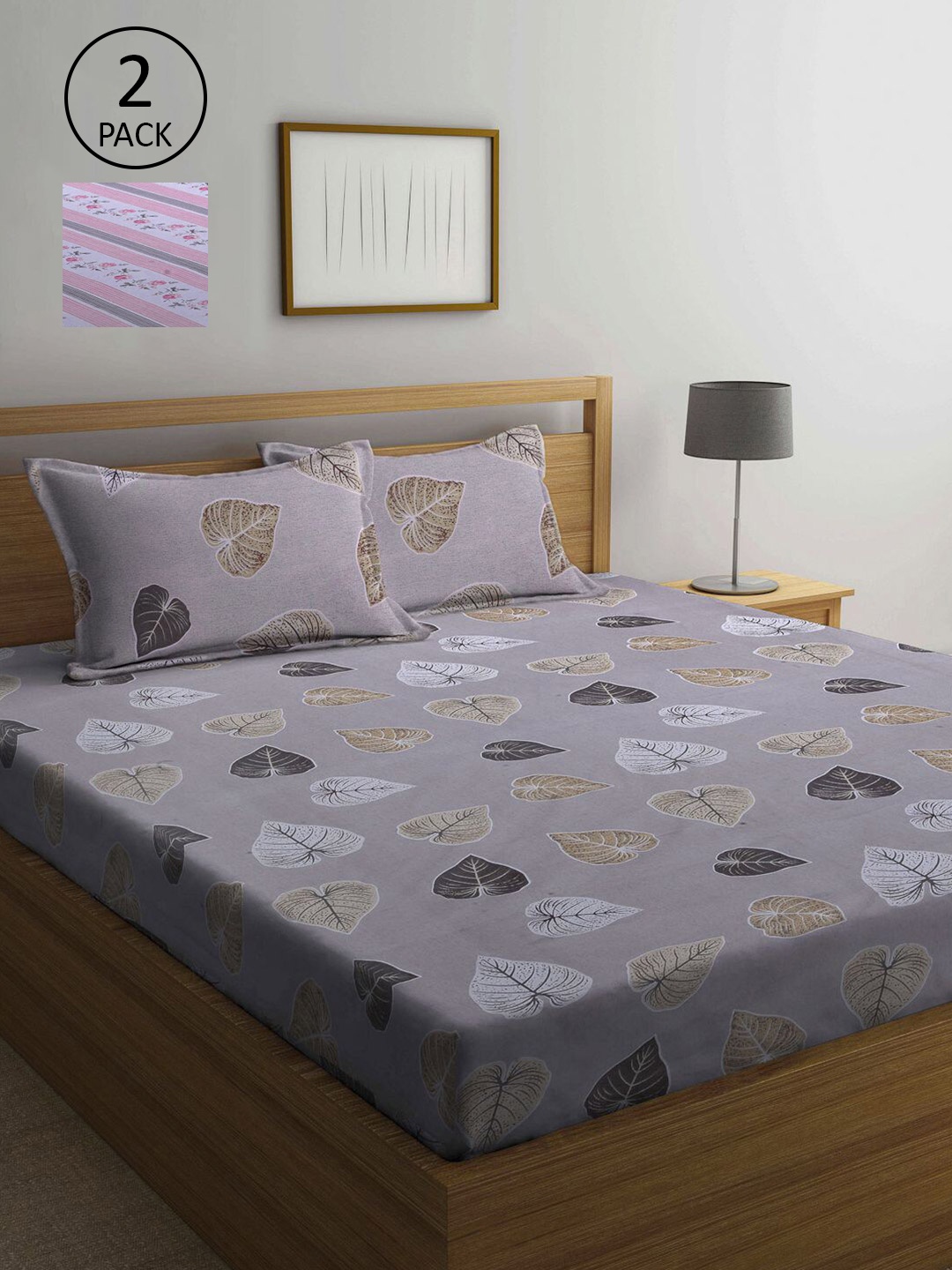 

KLOTTHE Grey & Pink Floral 210 TC 2 Pure Cotton Queen Bedsheet with 4 Pillow Covers