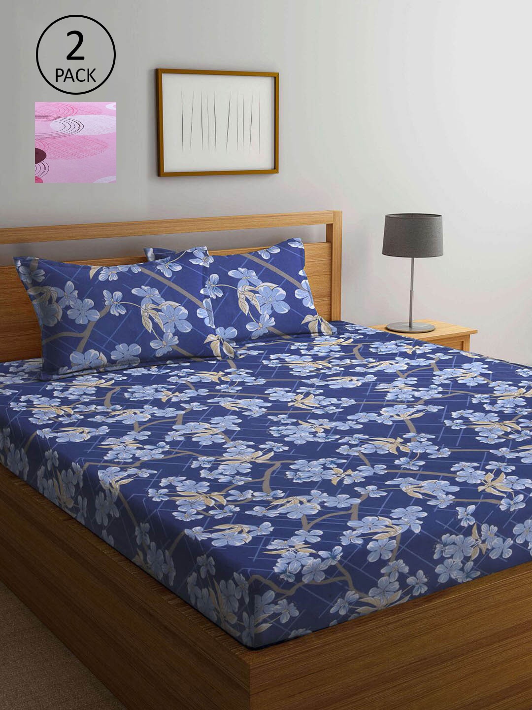 

KLOTTHE Blue & Pink Floral 210 TC 2 Queen Bedsheet with 4 Pillow Covers