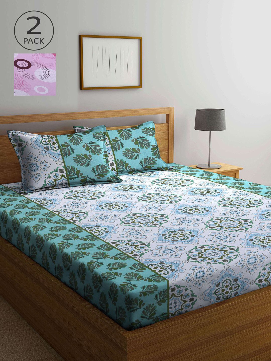 

KLOTTHE Green & Pink Floral 210 TC 2 Queen Bedsheet with 4 Pillow Covers